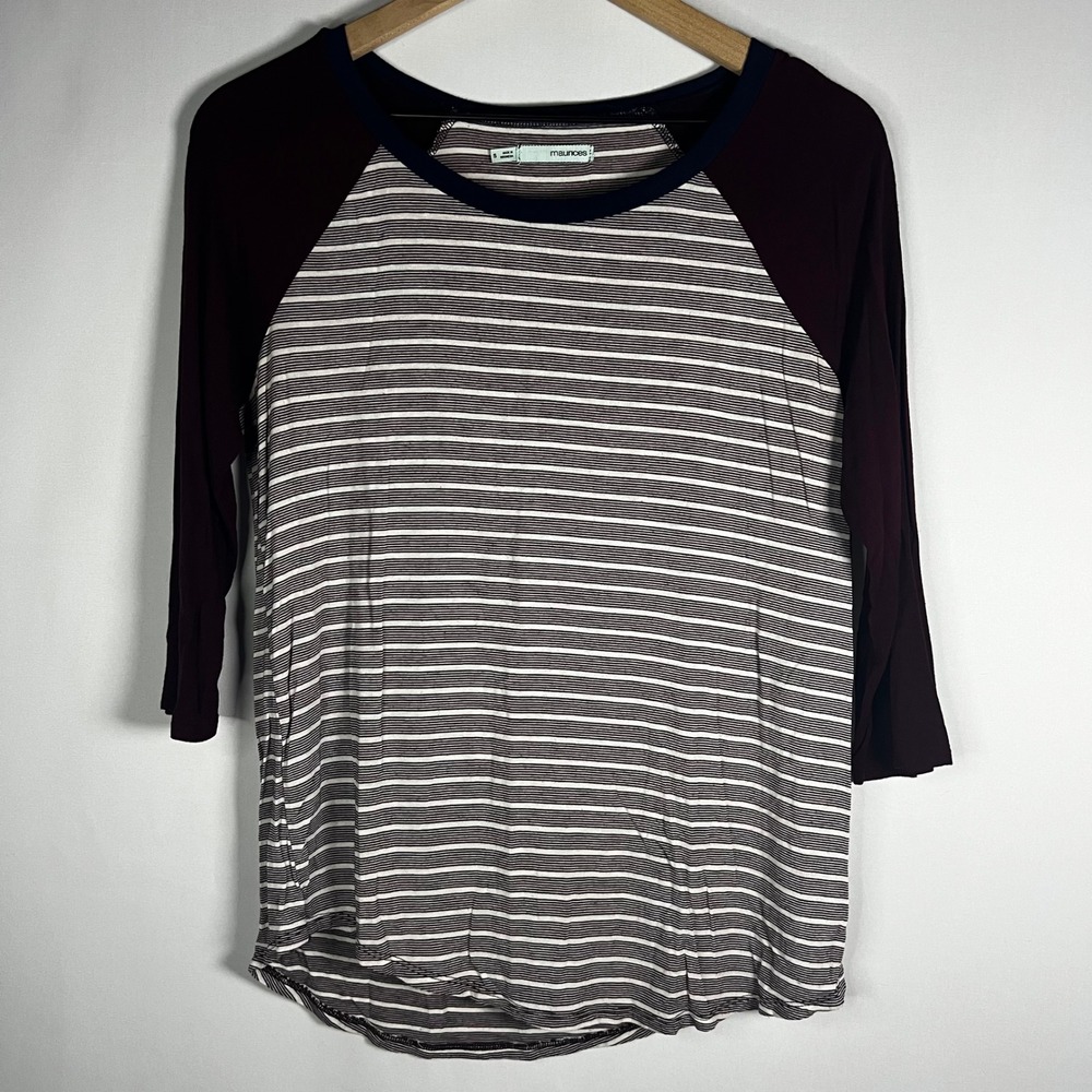Maurices Shirt‎ Women Small Burgundy Striped Crewneck 3/4 Sleeve Blouse Baseball
